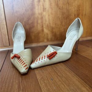 Christian Lacroix Beige and Orange leather Heels whipstitch pointed toe 39.5 9.5